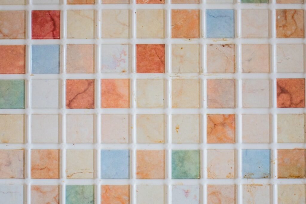 A stylish tiled wall with colorful squares.